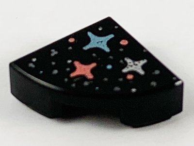 LEGO part Tile, Round 1 x 1 Quarter with Silver, Metallic Light Blue, and Coral Stars and Dots Pattern (25269pb009)