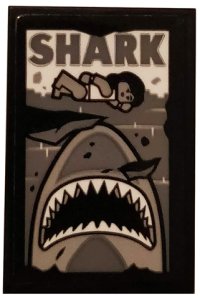 LEGO part Tile 2 x 3 with 'SHARK', Swimmer, Sea and Shark Gray and Ripped Pattern (Sticker) - Set 75810 26603pb057