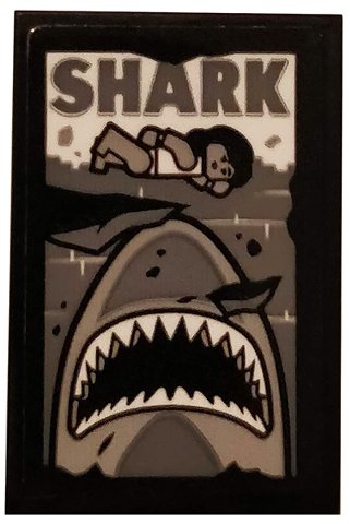 LEGO part Tile 2 x 3 with 'SHARK', Swimmer, Sea and Shark Gray and Ripped Pattern (Sticker) - Set 75810 (26603pb057)