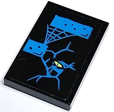 LEGO part Tile 2 x 3 with Dark Azure Cracks, Bricks, Cobweb and Yellowish Green Eye Pattern (Sticker) - Set 70430 (26603pb375)