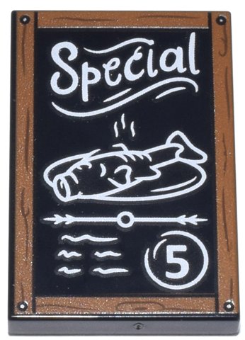 LEGO part Tile 2 x 3 with Chalk Board with Dark Orange Frame with Wood Grain and Nails, White 'Special' Fish Platter, Scribbles and Number 5 Pattern (26603pb470)