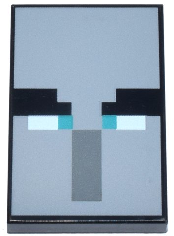 LEGO part Tile 2 x 3 with Pixelated Eyebrows, Dark Turquoise Eyes, and Dark Bluish Gray Rectangle Nose on Light Bluish Gray Background Pattern (Minecraft Ominous Banner) (26603pb471)