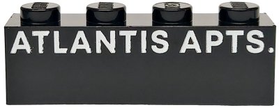 LEGO part Brick 1 x 4 with White 'ATLANTIS APTS.' Pattern (3010pb361)