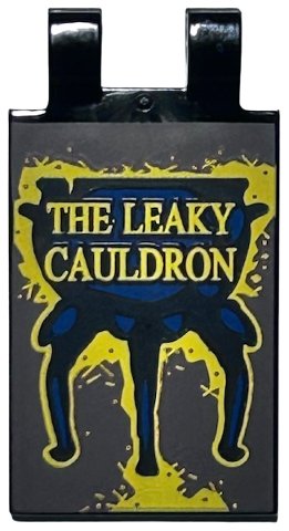 LEGO part Tile, Modified 2 x 3 with 2 Open O Clips with Gold 'THE LEAKY CAULDRON' Sign Pattern (30350bpb142)