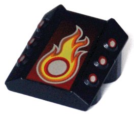 LEGO part Stein, Modifiziert 2 x 2 Ohne Noppen, Schräg mit 6 Seitliche Kolben Erhöht und Silber, Rot, und Gelb Flammen Muster (30603pb13)