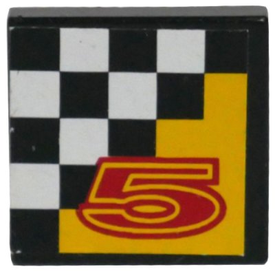 LEGO part Carreau 2 x 2 with Red Number 5 on Yellow and Checkered Background Pattern (Sticker) - Set 8225 (3068pb0003)