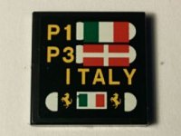 LEGO part Baldosa 2 x 2 con Patrón Tablilla de Boxes con Banderas Italiana y Danesa, 'P1', 'P3', 'ITALY' y Logos Ferrari (Pegatina) - Set 40194 3068pb0897