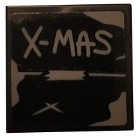 LEGO part Tile 2 x 2 with Dark Bluish Gray 'X-MAS' and Tape on Black Background Pattern (Sticker) - Set 75810 3068pb1287