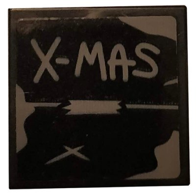 LEGO part Tile 2 x 2 with Dark Bluish Gray 'X-MAS' and Tape on Black Background Pattern (Sticker) - Set 75810 (3068pb1287)