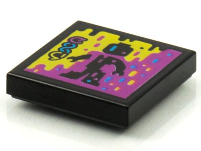 LEGO part Platte 2 x 2 mit BeatBit Album Cover - schwarze Minifigur in gelben und violetten Flecken Muster (3068pb1567)