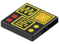 LEGO part Tile 2 x 2 with Red and Yellow Control Panel Buttons and Square Displays with Wave, Radiating Lines and Text Pattern 3068pb2582