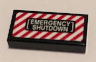 LEGO part Carreau 1 x 2 with 'EMERGENCY SHUTDOWN' over Red and White Danger Stripes Pattern (Sticker) - Set 70909 (3069pb0537)
