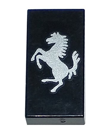 LEGO onderdeel Tile 1 x 2 with Ferrari Logo, Silver Horse, Vertical Orientation Pattern (3069pb1101)