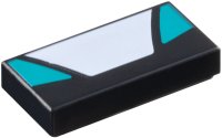 LEGO part Tile 1 x 2 with White Trapezoid in Center and Dark Turquoise Triangular Panels on Sides Pattern 3069pb1369