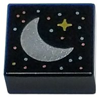 LEGO part Tile 1 x 1 with Silver Crescent Moon, Gold Sparkle, and Metallic Light Blue and Metallic Pink Dots Pattern 3070pb281