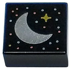 LEGO part Tile 1 x 1 with Silver Crescent Moon, Gold Sparkle, and Metallic Light Blue and Metallic Pink Dots Pattern (3070pb281)