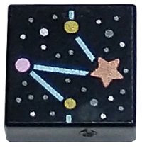 LEGO part Tile 1 x 1 with Constellation with Metallic Light Blue Lines, Copper Star, and Gold, Metallic Pink, Dark Silver, and Silver Dots Pattern 3070pb283