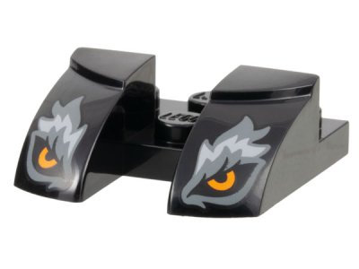 LEGO part Wedge 3 x 3 Curved with Cutout with Orange Wolf Eyes, Dark Bluish Gray and Light Bluish Gray Fur Pattern (3220pb02)