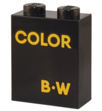 LEGO part Brick 1 x 2 x 2 with Inside Stud Holder with Bright Light Orange 'COLOR' and 'B-W' Pattern 3245cpb198