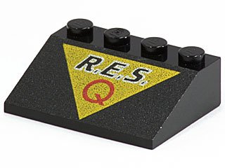 LEGO part Schräge 33 3 x 4 with Black 'R.E.S.' and Red 'Q' on Yellow Triangle Pattern (3297px15)