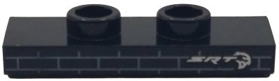 LEGO part Plate, Modified 1 x 3 with 2 Studs (Double Jumper) with Dark Silver Grille, Silver 'SRT' and Dodge Hellcat Logo Pattern (34103pb03)