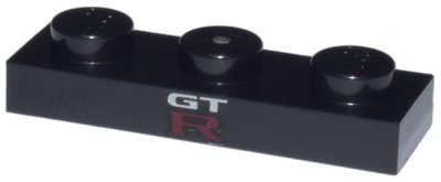 LEGO part Plate 1 x 3 with White 'GT' and Red Capital Letter R Pattern (3623pb024)