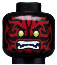 LEGO part Minifigure, Head Alien with Lime Eyes, White Fangs and Dark Red Face Decorations Pattern 3626pb1664