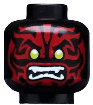 LEGO part Minifigure, Head Alien with Lime Eyes, White Fangs and Dark Red Face Decorations Pattern (3626pb1664)