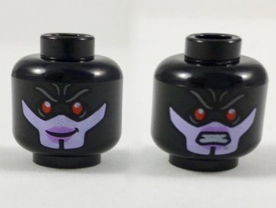 LEGO part Minifigure, Head Dual Sided Alien Female with Red Eyes, Lavender Lower Face, Smiling / Scowling Expression Pattern (3626pb2110)