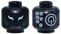 LEGO part Minifigure, Head Alien Robot with White Lightning Bolt Eyes, Dark Silver Circuitry, Power Button Logo and Number 0 Repeating on Back Pattern 3626pb3816
