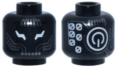 LEGO part Minifigure, Head Alien Robot with White Lightning Bolt Eyes, Dark Silver Circuitry, Power Button Logo and Number 0 Repeating on Back Pattern (3626pb3816)