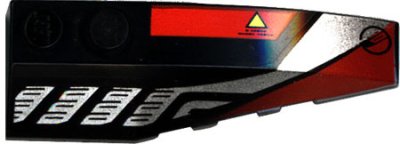 LEGO part Wedge 6 x 2 Right with Sleek Silver and Red Pattern (41747pb009)