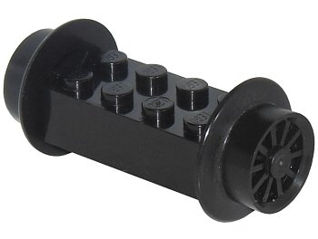 LEGO part Brick, Modified 2 x 4 with Black Wheels, Train Spoked Small (23mm D.) and Black Pins (4180 / wheel3 / 2344) (4180c01)