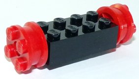 LEGO part Brick, Modified 2 x 4 with Red Wheels FreeStyle and Red Pins (4180 / 4259 / 2344) (4180c02)