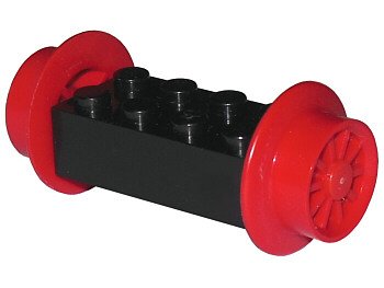 LEGO part Brick, Modified 2 x 4 with Red Wheels, Train Spoked Small (23mm D.) and Red Pins (4180 / wheel3 / 2344) (4180c04)