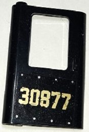 LEGO part Door 1 x 4 x 5 Train Left, Thin Support at Bottom with Gold '30877' and Rivets Pattern (Sticker) - Set 70424 (4181pb091)
