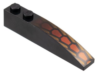 LEGO part Slope, Curved 6 x 1 with Repeating Dark Red and Medium Orange Hexagonal Scale Pattern (42022pb46)