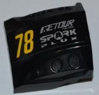 LEGO part Slope, Curved 2 x 2 with Debossed Side Ports with Yellow '78', Silver 'RETOUR Travels' and 'SPARK PLUX' Pattern Model Left Side (Sticker) - Set 8126 44675pb006L