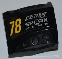 LEGO part Slope, Curved 2 x 2 with Debossed Side Ports with Yellow '78', Silver 'RETOUR Travels' and 'SPARK PLUX' Pattern Model Left Side (Sticker) - Set 8126 (44675pb006L)
