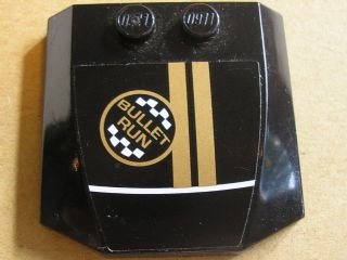 LEGO part Wedge 4 x 4 x 2/3 Triple Curved with 'BULLET RUN' and Two Gold Stripes Pattern (Sticker) - Set 8147 (45677pb032)