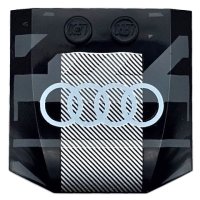LEGO part Wedge 4 x 4 x 2/3 Triple Curved with White Audi Logo on Dark Bluish Gray and Silver Stripes Pattern 45677pb158