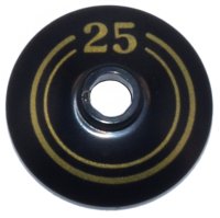 LEGO part Dish 2 x 2 Inverted (Radar) with Gold Circles and Number 25 Pattern 4740pb024