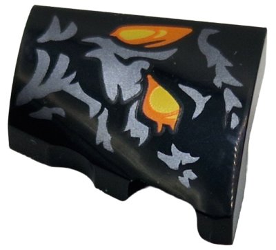 LEGO part Wedge 2 x 2 x 2/3 Right with 2 Yellow and Orange Shapes and Dark Silver Markings Pattern (Balrog Face Left Half) (5093pb002)