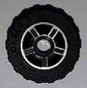 LEGO part Wheel 11mm D. x 6mm with 5 Spokes with Silver Outline Pattern with Black Tire 17.5mm D. x 6mm with Shallow Staggered Treads - Band (50944pb01 / 92409) (50944pb01c04)