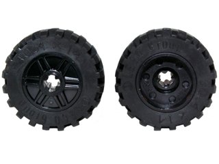 LEGO part Wheel 18mm D. x 14mm with Axle Hole, Fake Bolts and Shallow Spokes with Black Tire 30.4 x 14 Offset Tread Band Around Center of Tread (55982 / 92402) (55982c05)