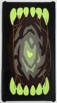 LEGO onderdeel Glass for Window 1 x 4 x 6 with Open Mouth with Yellowish Green Sharp Teeth, Medium Nougat Cobwebs Pattern Model Right Side (Sticker) - Set 70425 57895pb090R