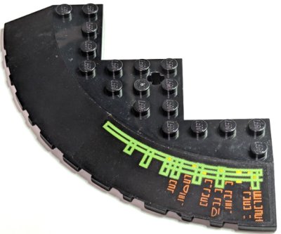 LEGO part Brick, Round Corner 10 x 10 with Slope 33 Edge, Axle Hole, Facet Cutout with Light Bars and Alien Characters Right Pattern (Sticker) - Set 7693 (58846pb13R)