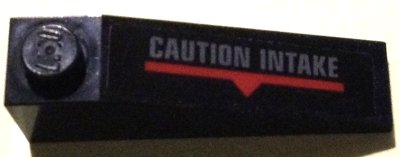 LEGO part Slope 18 4 x 1 with Dark Bluish Gray 'CAUTION INTAKE', Red Line and Triangle Pattern Side B (Sticker) - Set 70916 (60477pb022b)