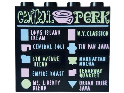 LEGO part Panel 1 x 4 x 3 with Side Supports - Hollow Studs with 'CENTRAL PERK' Coffee Menu Pattern (60581pb127)