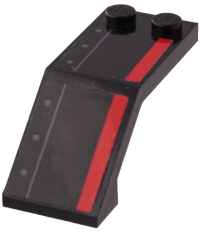 LEGO part Windscreen 5 x 2 x 1 2/3 with Red Stripe, Dark Bluish Gray Line and Rivets Pattern Model Left Side (Stickers) - Set 70917 (6070pb027L)